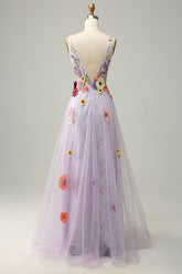 A-Linie langes Lavendel Ballkleid mit tiefem V-Ausschnitt und Applikationen